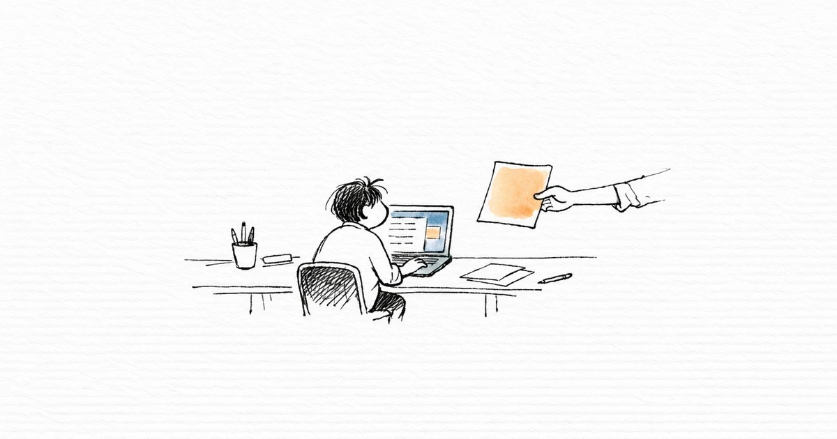 Illustration éditoriale : une main tend un document à une autre, scène de remise en mains propres dans un bureau