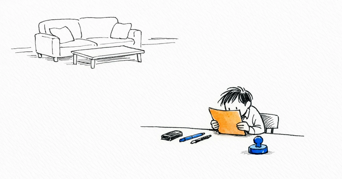 Personne examinant un contrat de bail avec stylos et tampons sur une table