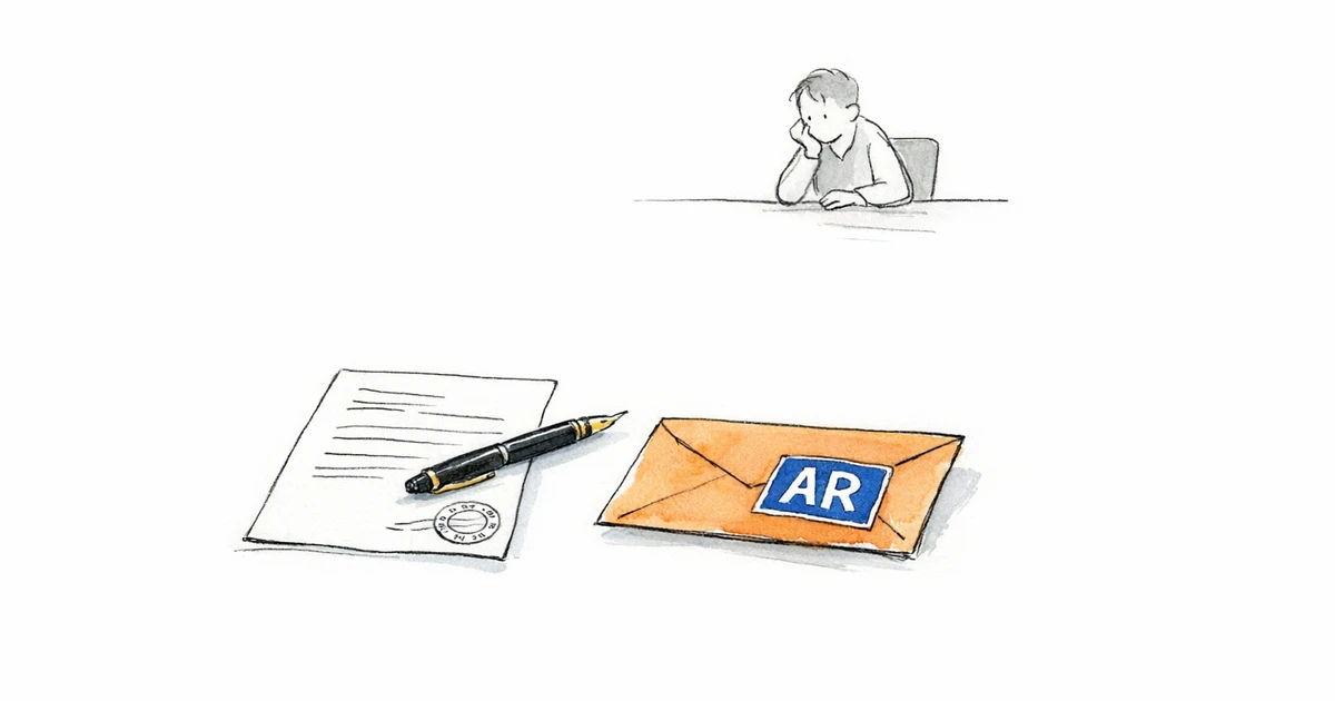 Lettre recommandée posée sur un bureau avec un stylo plume, une enveloppe AR et un document officiel