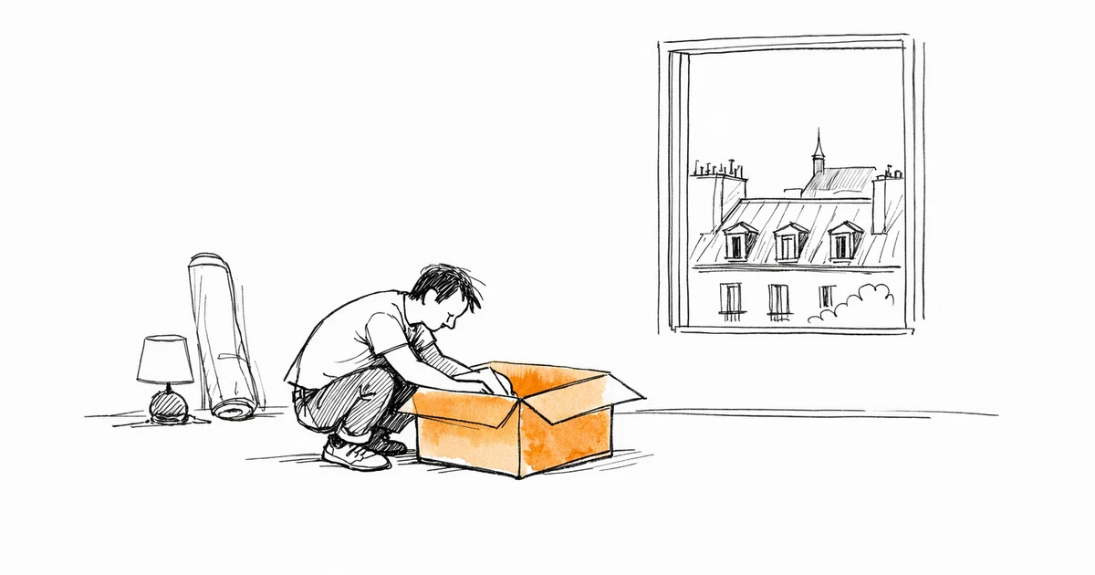 Salarié en mobilité professionnelle emballant des cartons dans son appartement avant une mutation