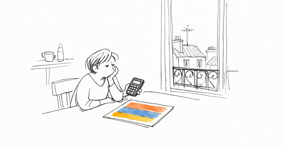 Personne pensive avec calculatrice et tableau de revenus et loyers